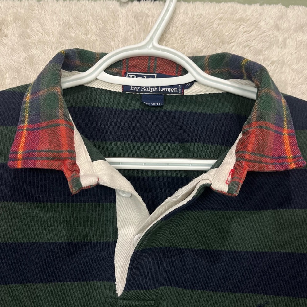 Vintage Mens Polo Ralph Lauren Rugby Striped Shirt Plaid Collar Prep Preppy XL - Picture 4 of 14